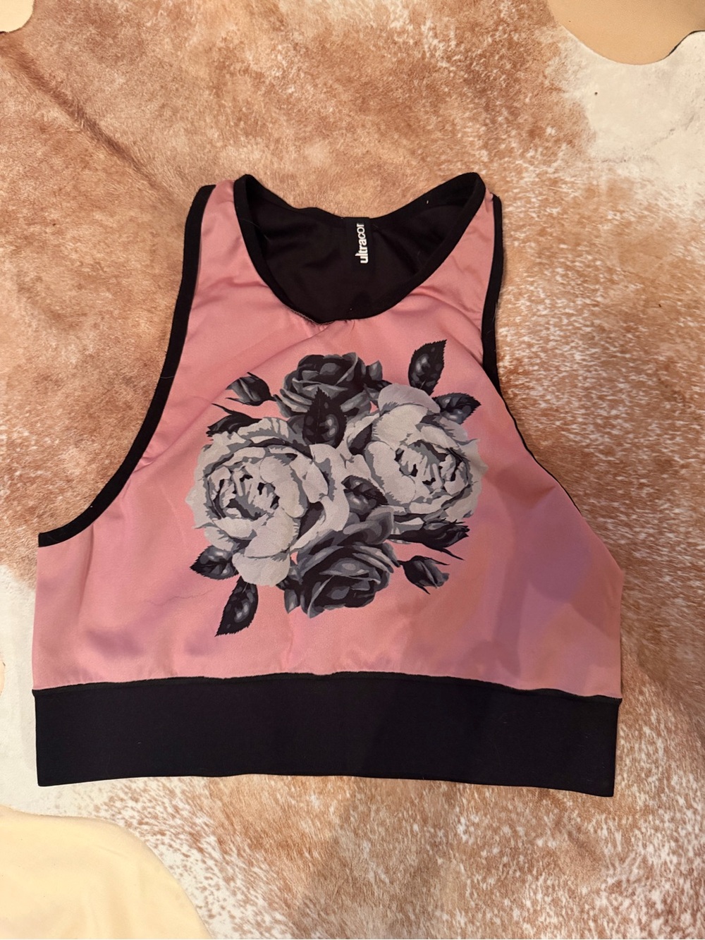 ultracor Pink Floral High-Neck Crop Top with Black Trim